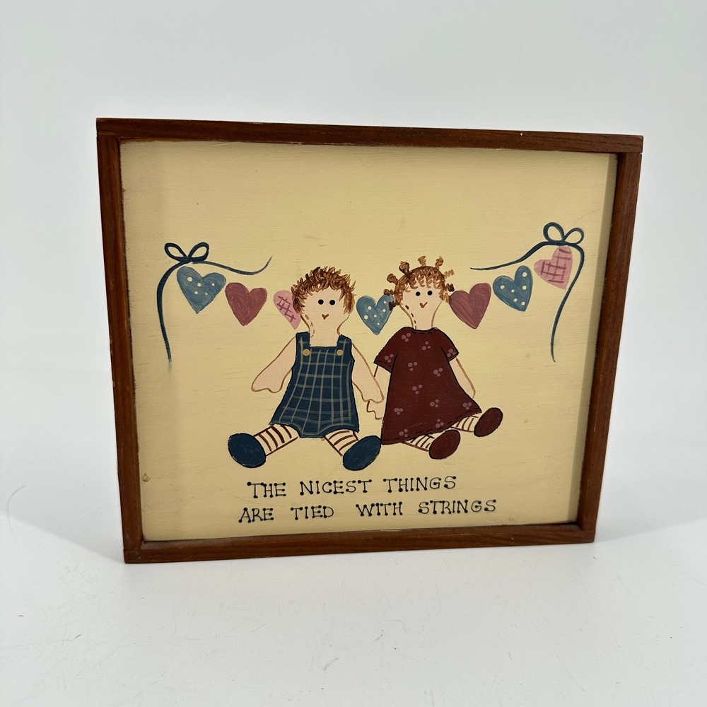 Vintage Folk Art Wood Wall Plaque Rag Dolls Hearts Bill Sharon Signed Decor MCM